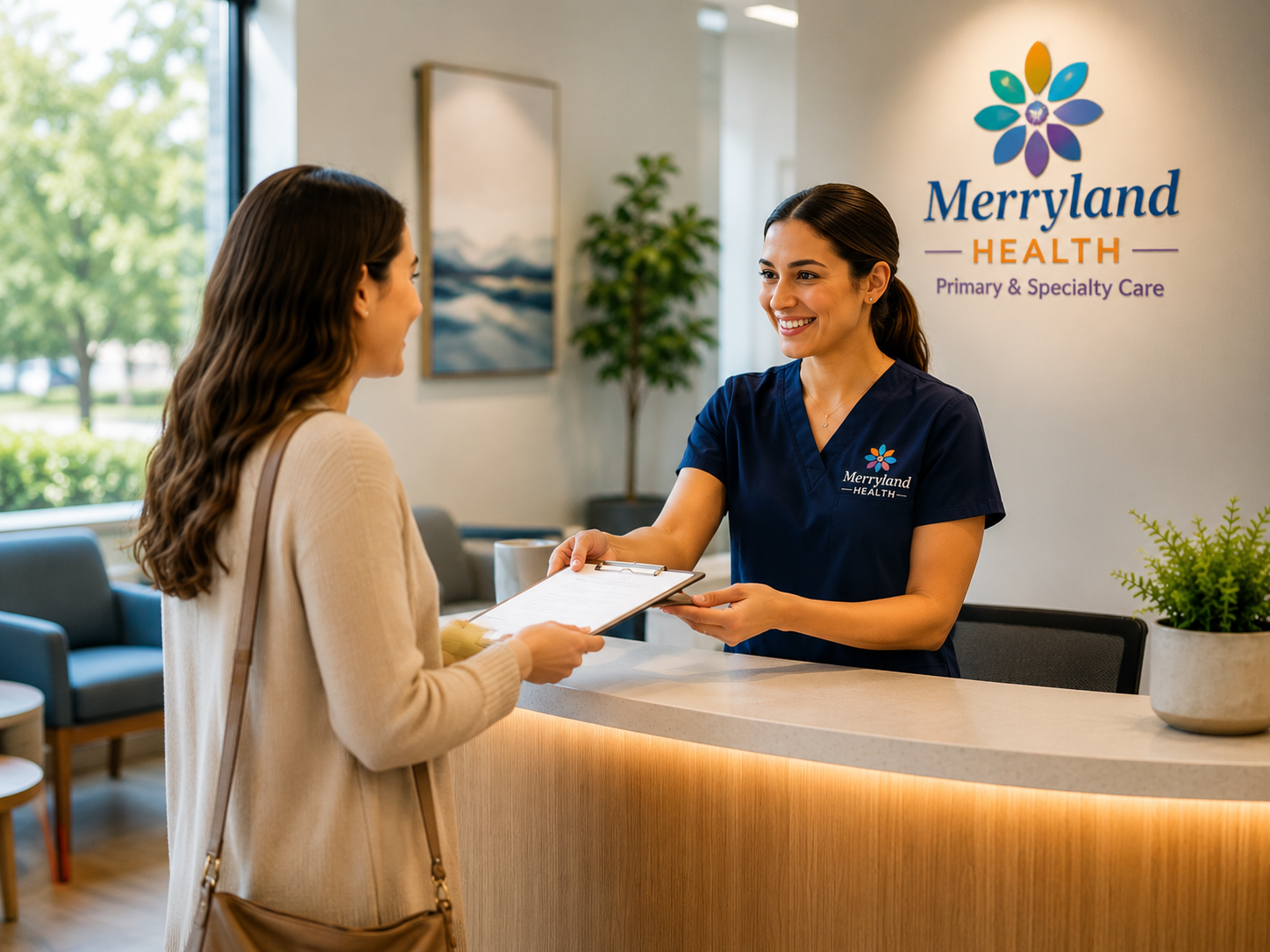 Patient checking in at the Merryland reception desk