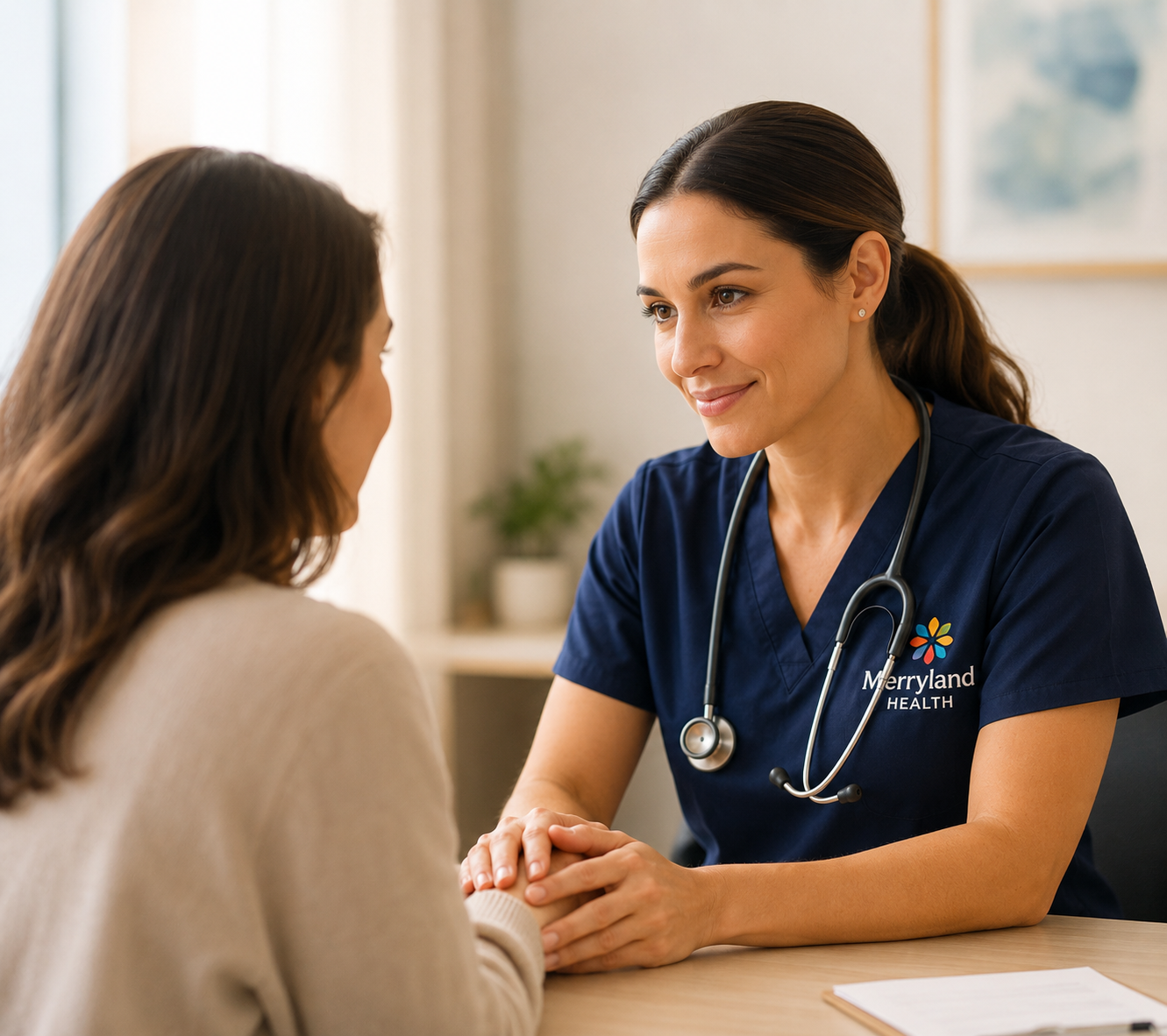 A Merryland provider listening warmly to a patient