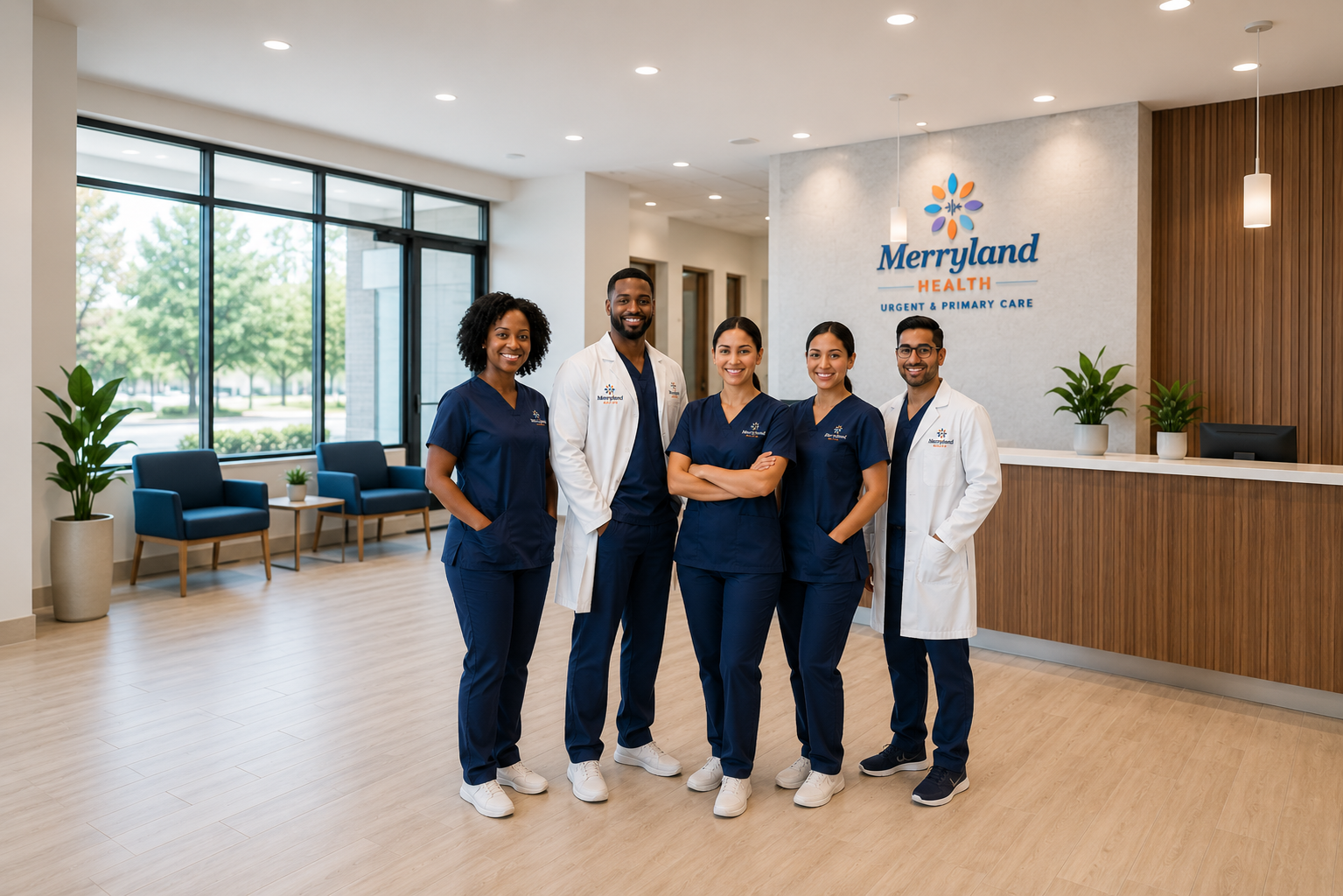 The Merryland Health medical team in our modern clinic lobby