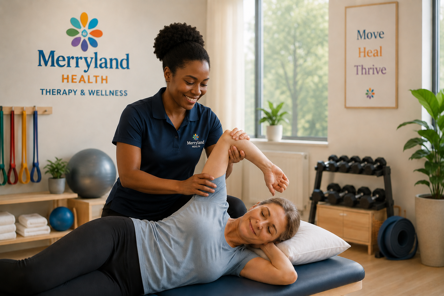Therapist guiding a patient through a restorative stretch